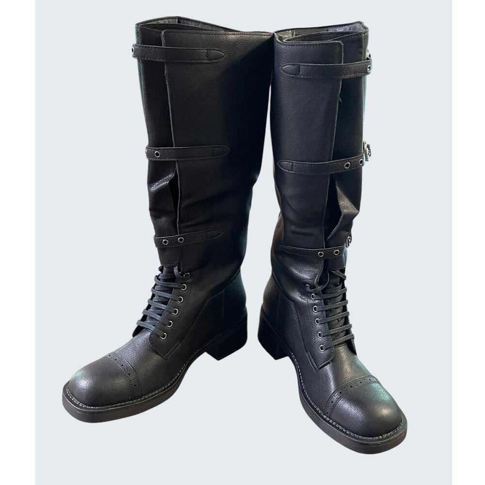 New Black Biker Boots Knee High Woman's Sz 8 Rave Goth High Fashion Grunge Punk